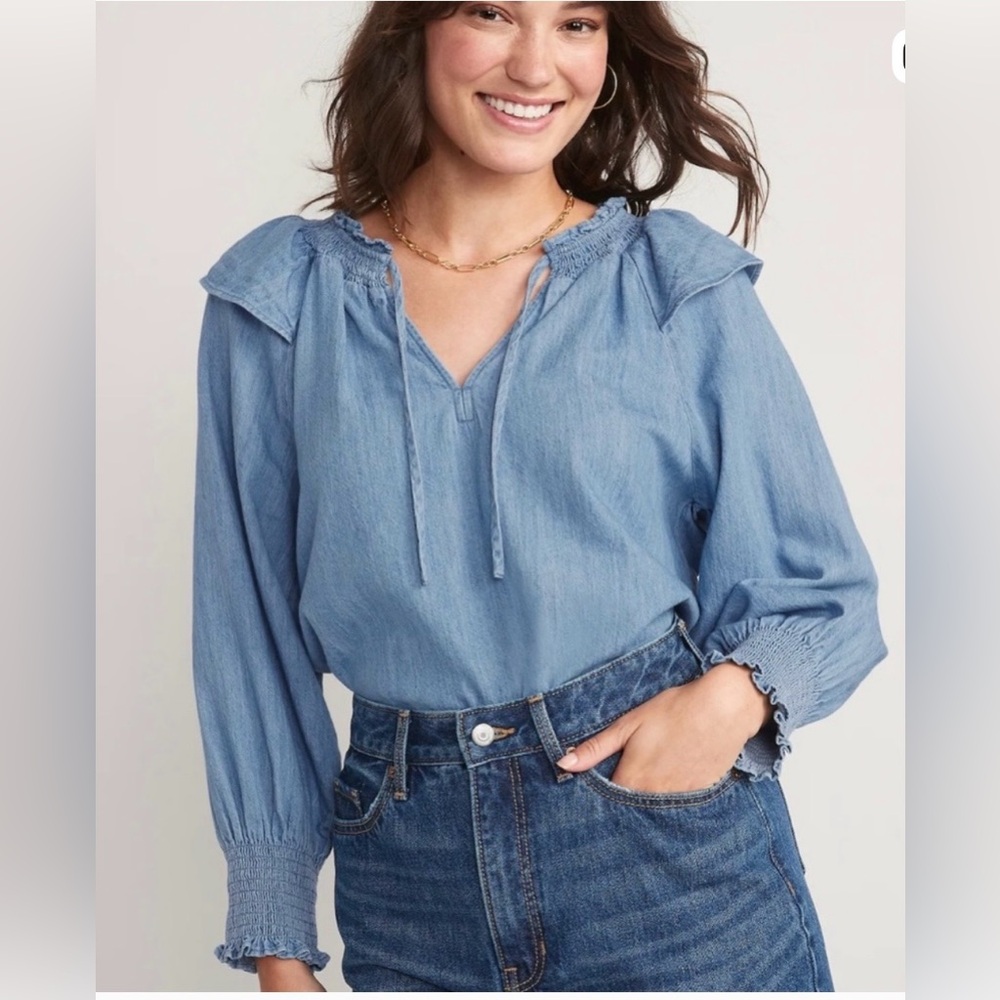 Old Navy Women’s Denim Puff-Sleeve Jean Ruffle-Trimmed Poet Blouse XXL